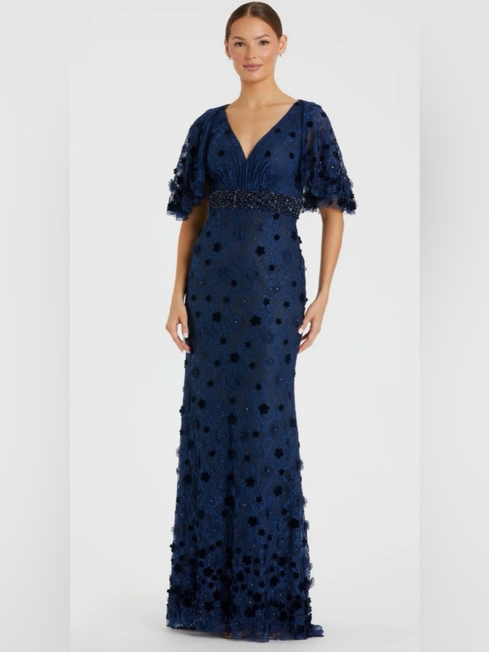 Mac Duggal Navy Flutter Sleeve V-Neck Embellished Maxi Gown size 6